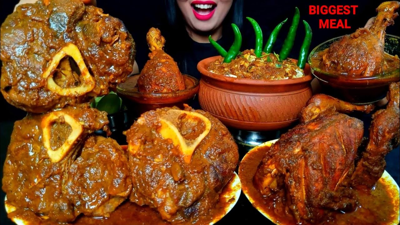 ASMR:EATING SPICY BIG SIZE STEAK MASALA CURRY,FULL CHICKEN & BIG LEG MASALA CURRY,RICE#hungrygirl