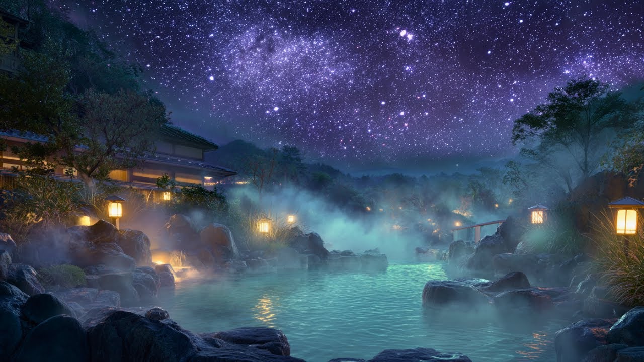 Starry Night in a Japanese Onsen 🌌 | 3.5H Japanese Koto & Shakuhachi Music for Sleep & Relaxation