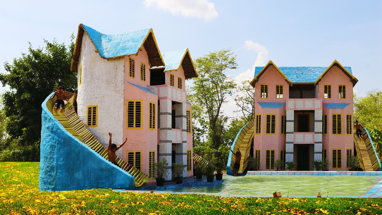 [ Full Video ] Build Modern Twin Big Mud Villa  And Design Palm Branch Water Slide Go Swimming Pool
