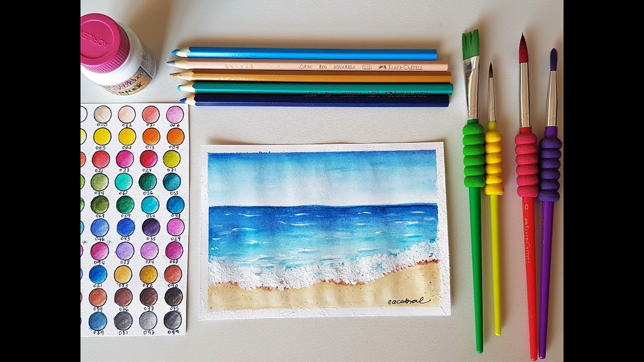 Desenhando Praia com lápis Aquarelavel