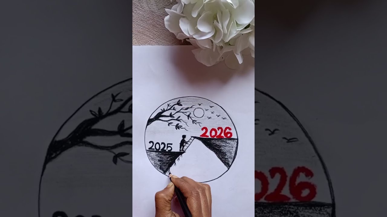 Happy new year drawing 2026/ new year scenery drawing easy step by step /2026 drawing easy 🎊