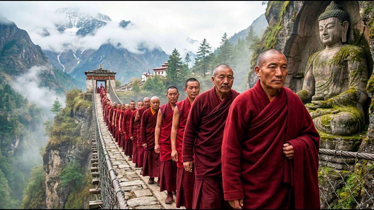 Tibetan Monks Crossing Sacred Sky Bridges &mdash; Ancient Mantra Journey Above the Himalayas
