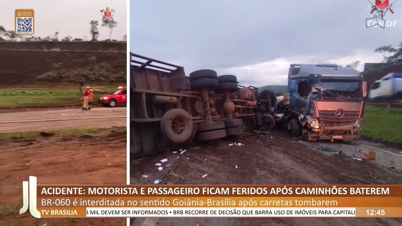JL - Acidente: motorista e passageiro ficam feridos após caminhões baterem