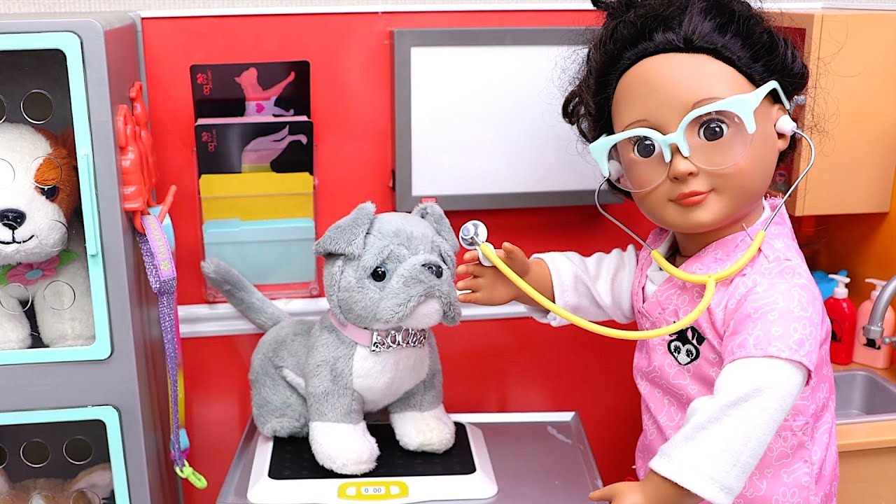 Play Toys visiting the vet! Dolls bring pets for check up at clinic!