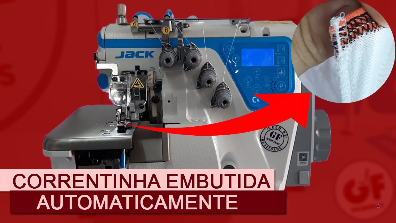 OVERLOQUE ELETRÔNICA JACK C5 COM SISTEMA PNEUMÁTICO QUE AUTO EMBUTE A CORRENTINHA