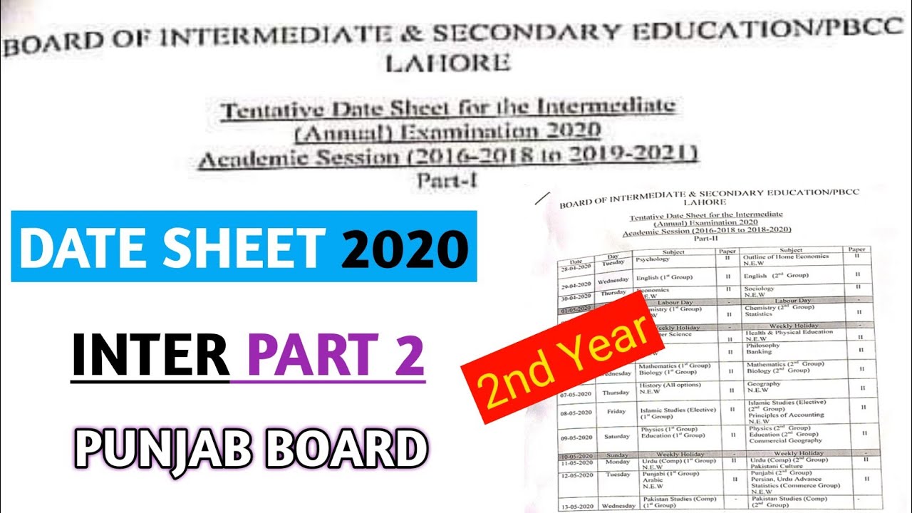 2nd year Date Sheet for Board Exams 2020