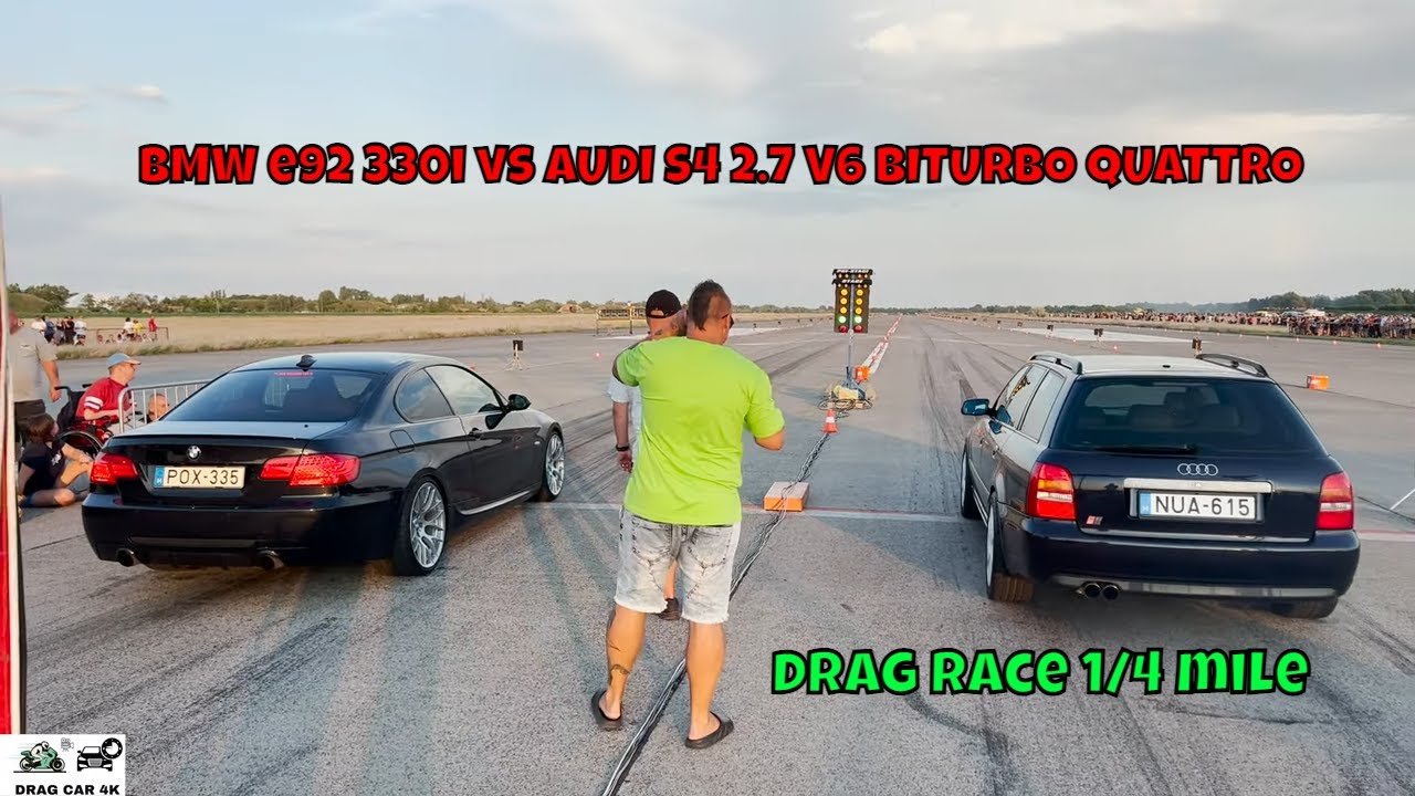 BMW e92 330i N54B30A vs AUDI S4 2.7 V6 BITURBO QUATTRO AGB drag race 1/4 mile 🚦🚗 - 4K UHD