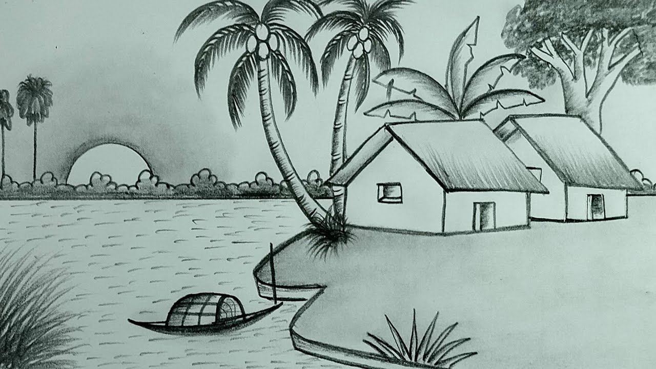 Village scenery drawing with pencil shading easy/beautiful village scenery drawing/ village scenery 