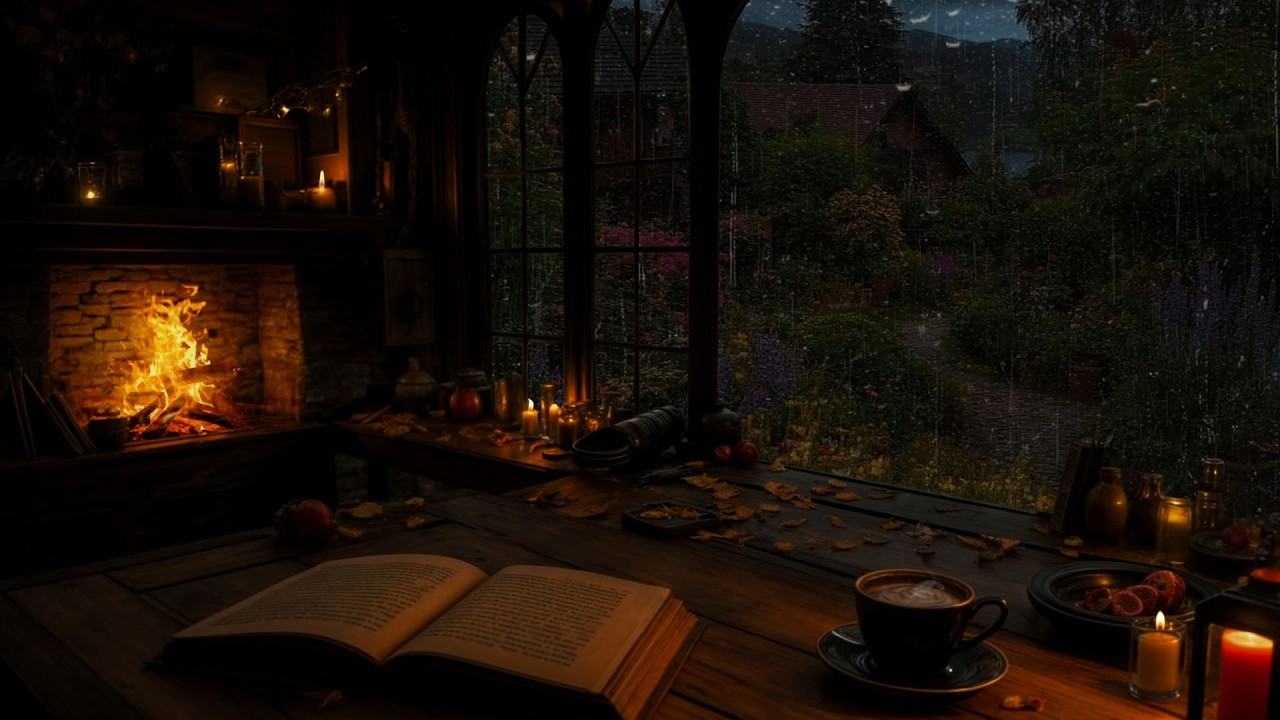 No Ads🌧️Cozy Spring Rain Falling on Window | Fire Sounds & Warm Tea  for Heal,Study, Sleep & Relax