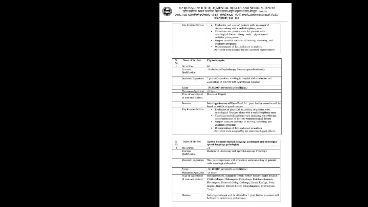 NIMHANS BANGLORE NURSING & PARAMEDICAL VACANCY ON CONTRACT BASED