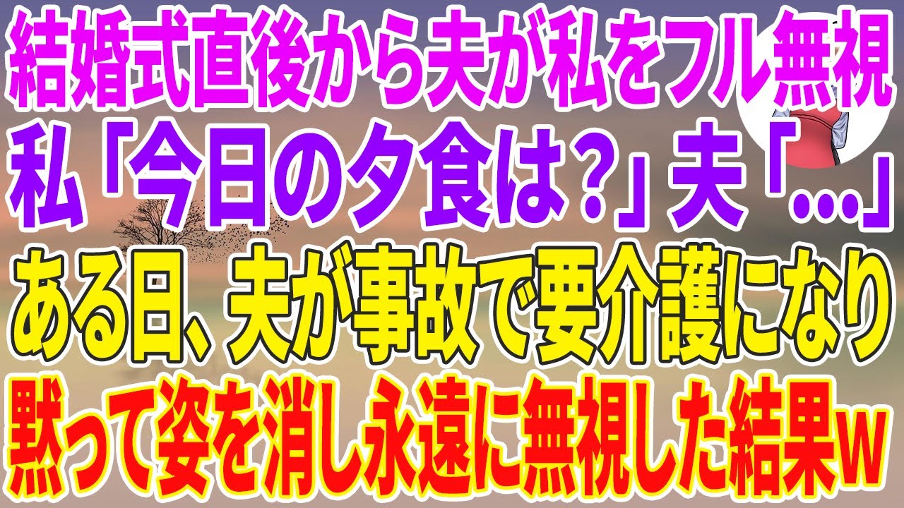 【スカッと】結婚式直後から夫が私をフル無視。私「今日の夕食は？」夫「…」ある日、夫が事故で要介護になり黙って姿を消し永遠に無視した結果w