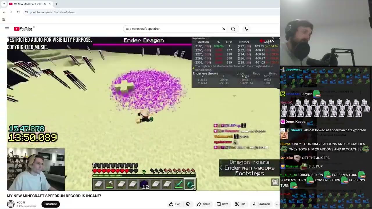 Forsen Reacts to new xQc's new Minecraft Speedrun Record | 14:27