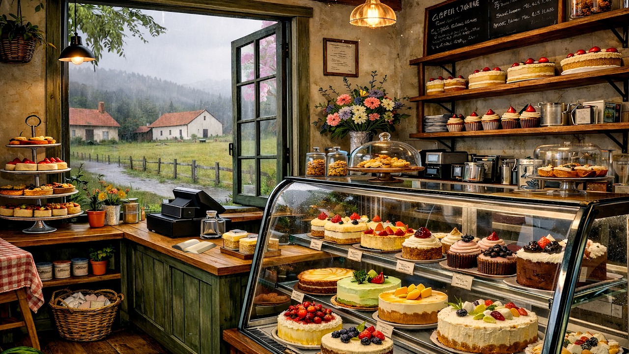 Cozy Spring Rainy Day Bakery Ambience ☕ Soft Rain Sounds & Peaceful Cake Shop Atmosphere