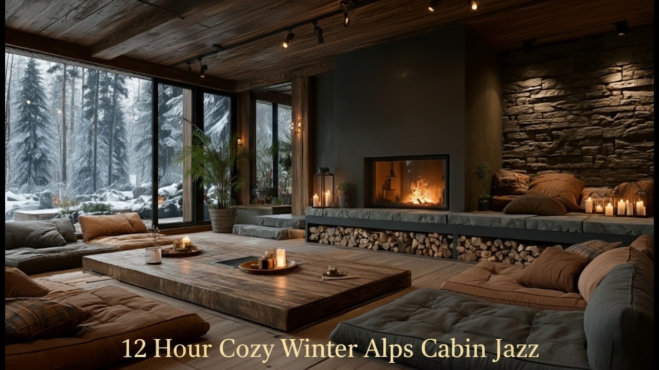 12 Часов Зимний Альпийский Шале Jazz ☕ Элегантное Пианино & Камин для Сна и Фокуса 4K