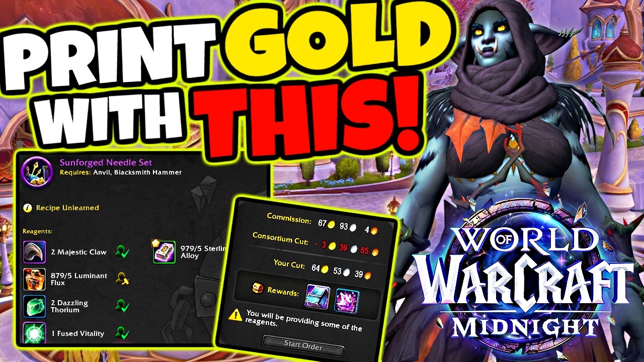 Напечатать золото в Midnight WoW, выполняя заказы на изготовление предметов по профессиям от покр...
