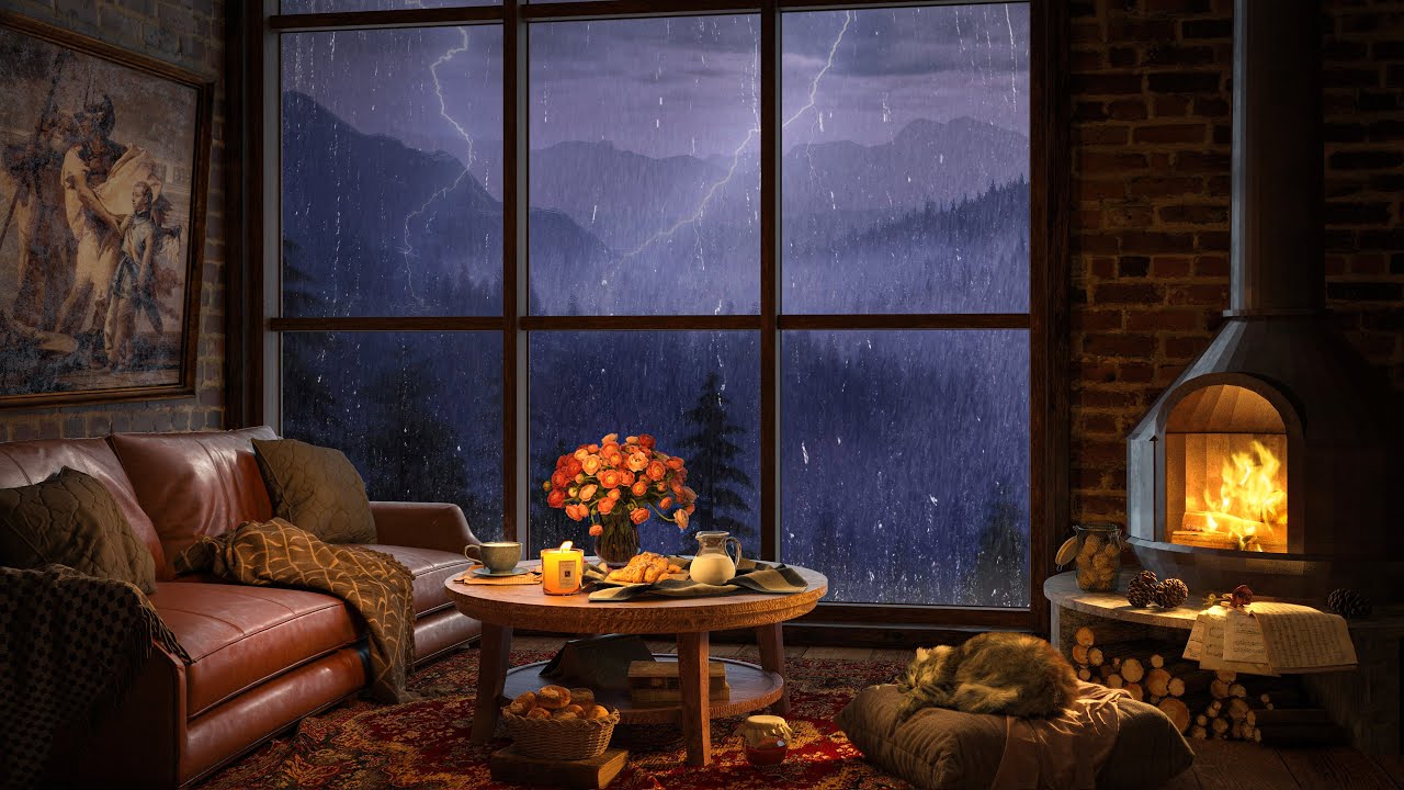Thunderstorm with Lightnings, Rain & Fireplace Sounds in Cozy Cabin ⚡ Gentle Jazz for Relax & Sleep