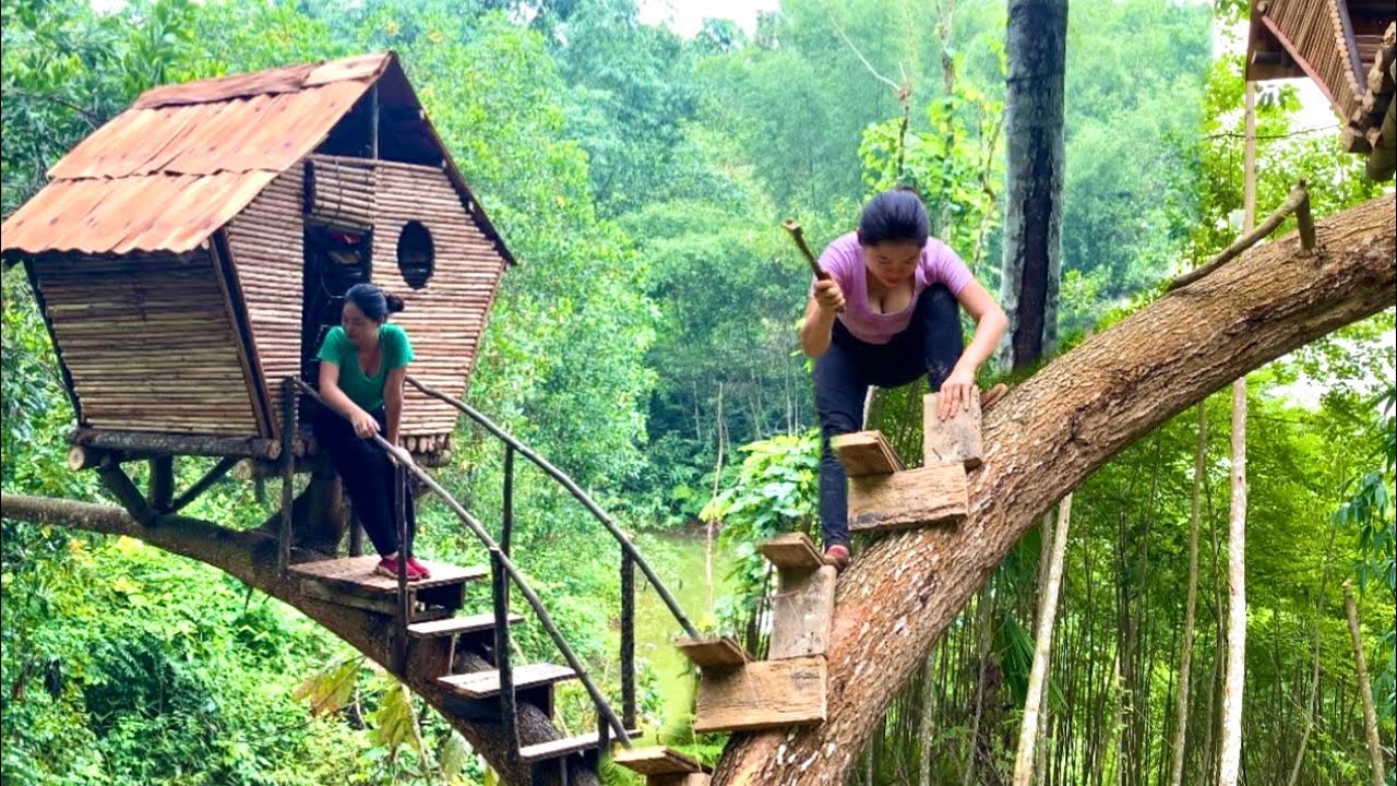Building a tree house in 2 days.Girl builds her own wooden cabin- From start to finish | Ma Thi Hieu