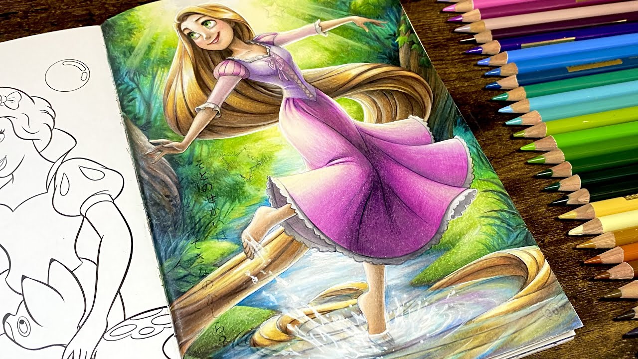 【100均ディズニー塗り絵】森の小川で遊ぶラプンツェルを塗りました。