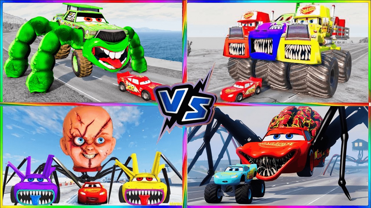 💀GIANT BOSSES  vs MONSTER Lightning McQueen SCHOOL BUSS ZOMBIE ! / Challenge Tiles Hop EXE  🚗🎵 №8