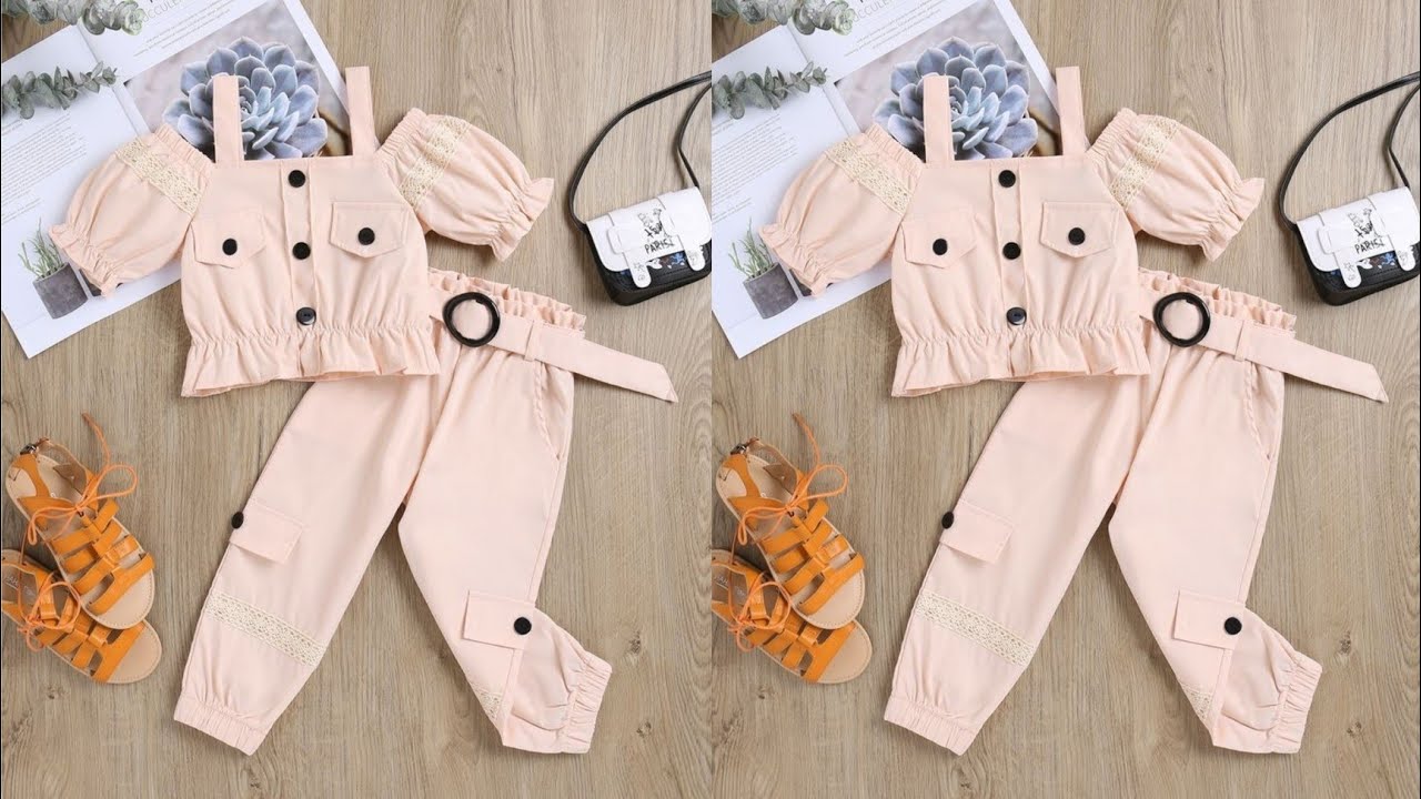 Baby Cold Shoulder Puff Sleeve Fake Button Top With Belted Pant Cutting and Stitching