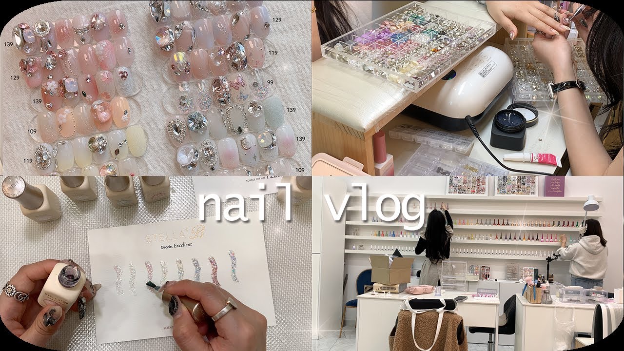 Nail vlog | 손가락 골절된 네일샵브이로그 (수강 준비하기, 4월이달의아트 기획, 아이즈미 스텔라비 글리터 발색, 스톤아트 시술영상,스와로브스키 정리하기)