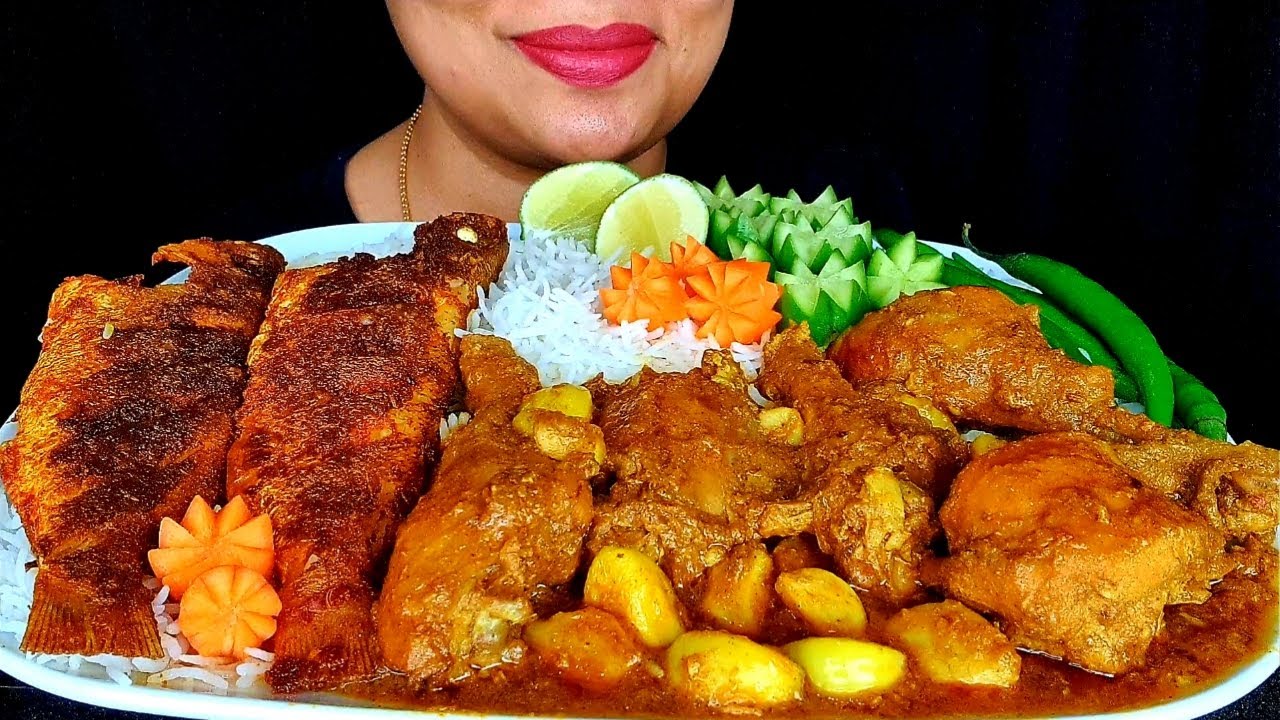 ASMR:SPICY GARLIC CHICKEN,FISH FRY WITH BASMATI RICE,HOT CHILLI,LEMON,CARROT ||ZAKIA-SPICY ASMR