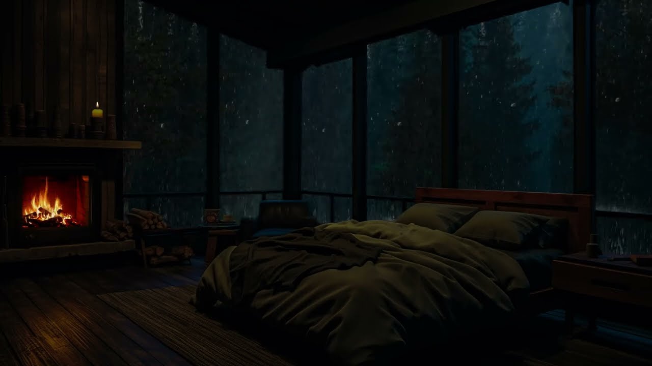 Calm Night Ambience🌧️Rainy Night on a Forest Retreat with Crackling Fireplace & Thunder for Sleeping