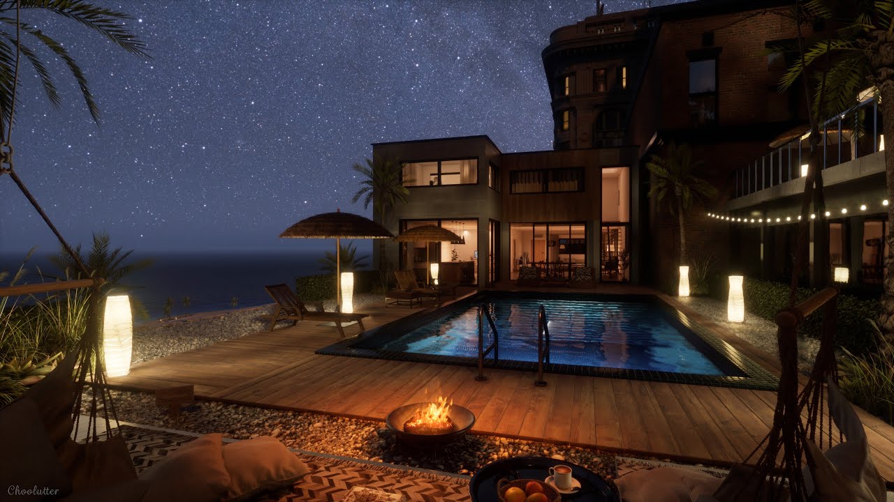 Peaceful Resort Ambience Overlooking The Sea | Water, Crackling Fire, Crickets, Wave Sounds