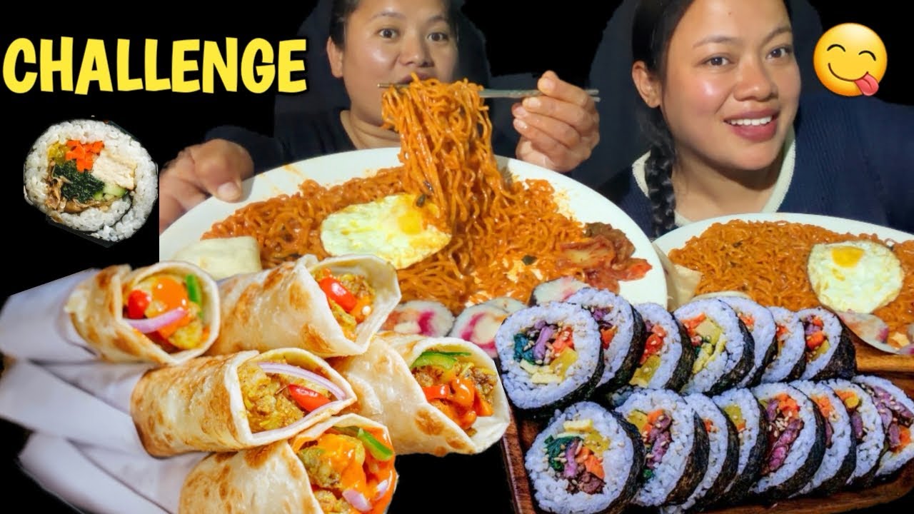 Spicy 🥵 noodles ,Kimbap,katti roll,sunnyside egg Challenge 🔥 #challenge #koreanfood #spicyfood 