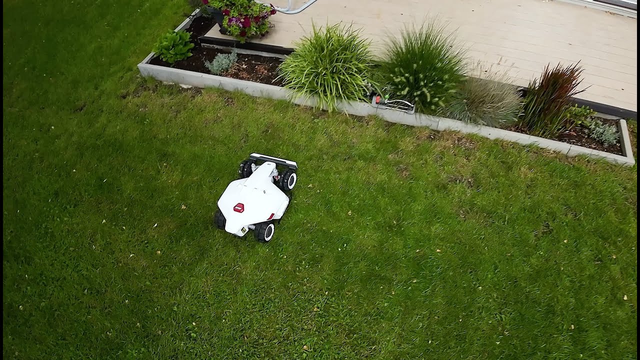 Luba Mammotion mowing the lawn from above 
