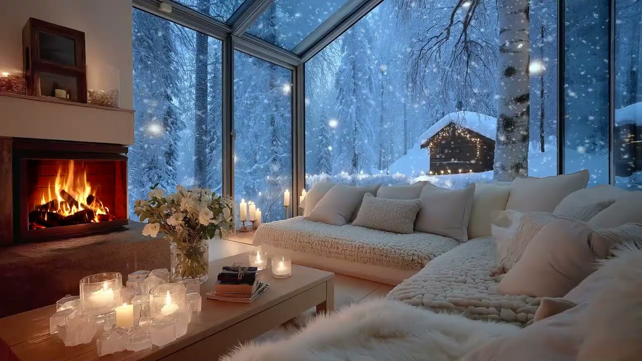 🕯️🎹 Snowy Evening Romantic Piano | Cozy White Lounge Firelight Ambience | 5 Hours Study Relax Focus