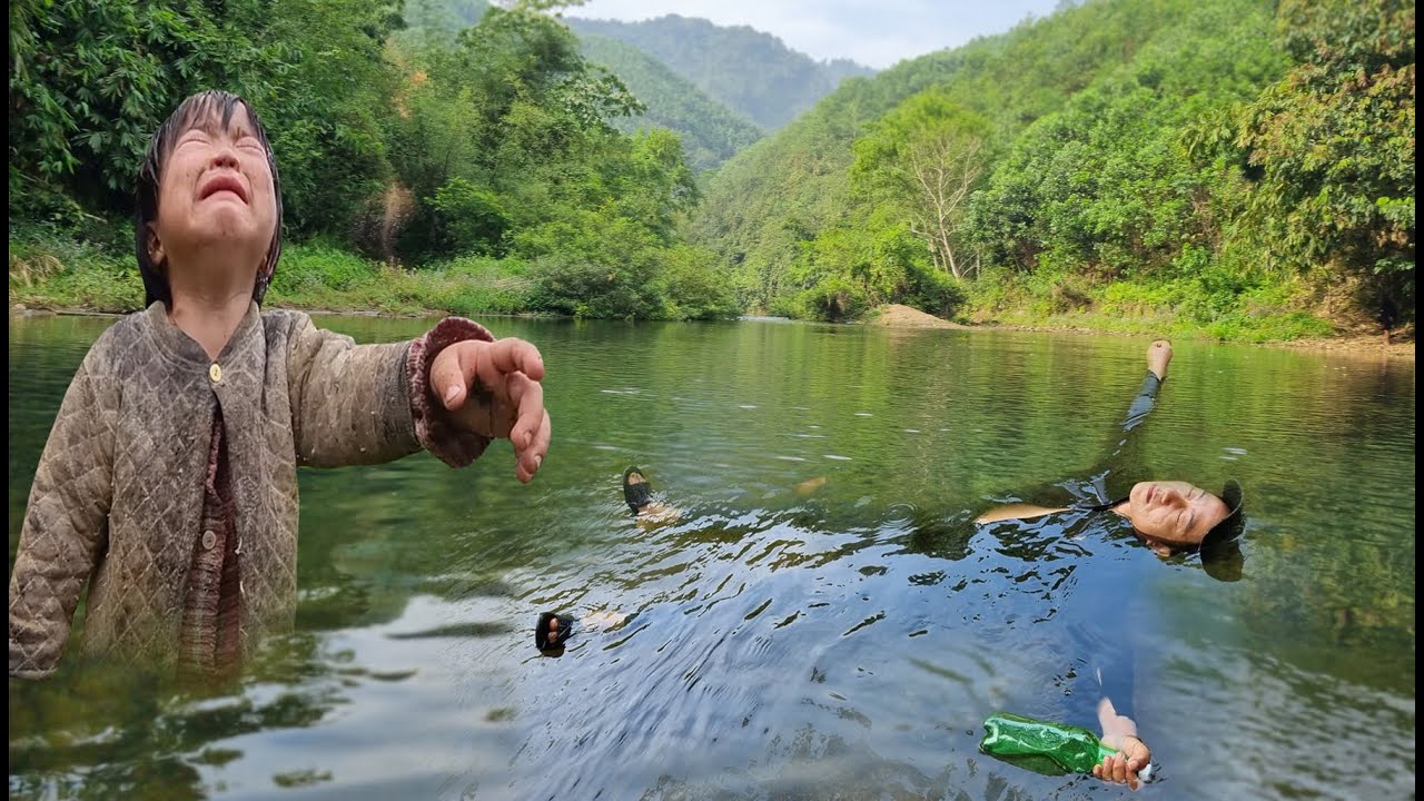 Orphan girl helpless before the scene of homeless man in trouble in the river