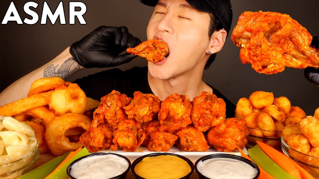 ASMR MUKBANG CHICKEN WINGS & ONION RINGS & MAC & CHEESE & TATER TOTS (No Talking) EATING SOUNDS