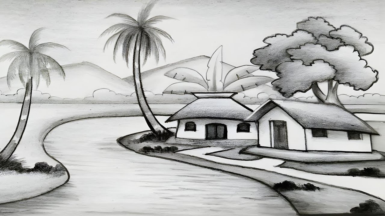 Hillside river scenery drawing with pencil shading/village drawing/গ্রামের দৃশ্য/দৃশ্য আঁকা/ছবি আঁকা