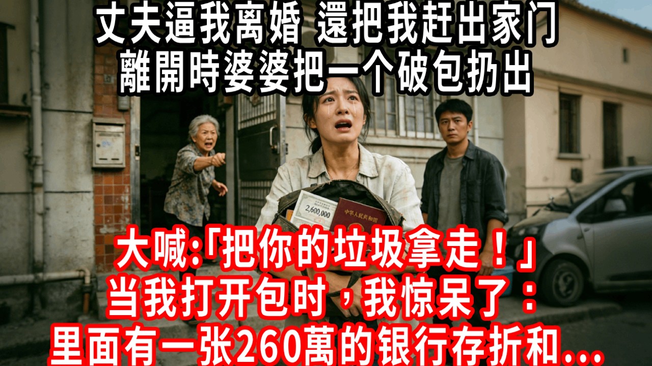 丈夫强迫我跟他离婚，還把我赶出了家门淨身出戶。離開時婆婆把一个破包扔到我身上，大喊：｢把你的垃圾拿走！｣但当我打开包时，我惊呆了：里面竟然有一张260萬的银行存折和房产证，而且房产证上写的是我的名字。