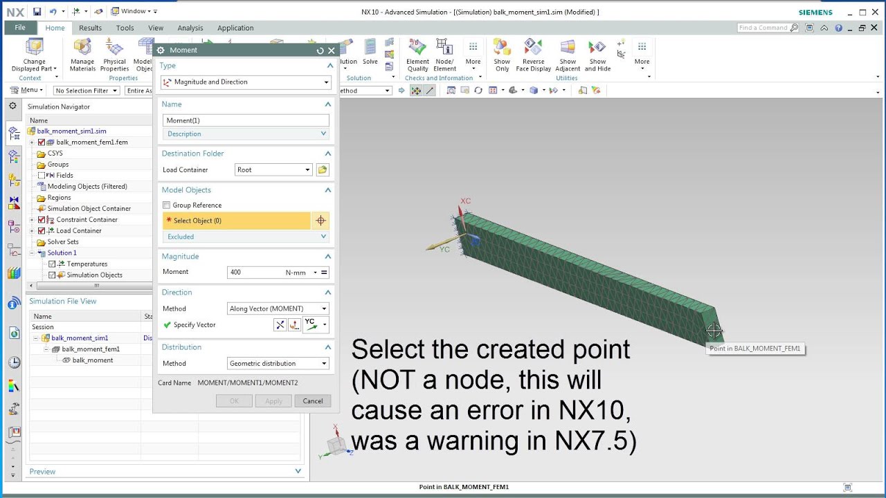 How to create a moment with a 1D connection (spider) on a 3D beam, Siemens NX10