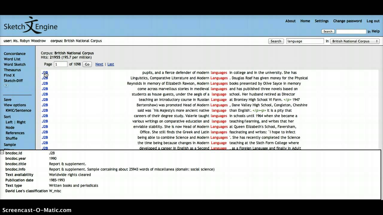 Finding metadata for source documents in the Sketch Engine