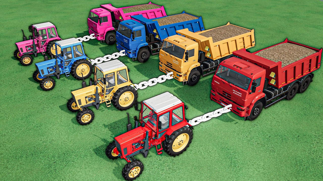 MINI TRACTORS OF COLORS - TRUCKS ARE BEING PULLED UP THE RAMP BY TRACTORS - FS22