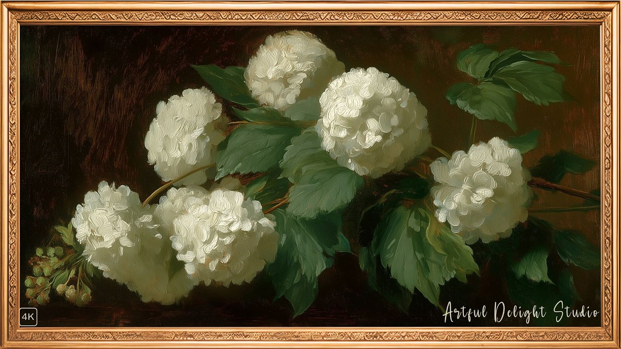 Snowball Bouquets | Frame TV Art 4K | TV Screensaver | Gold Frame | Optional Audio
