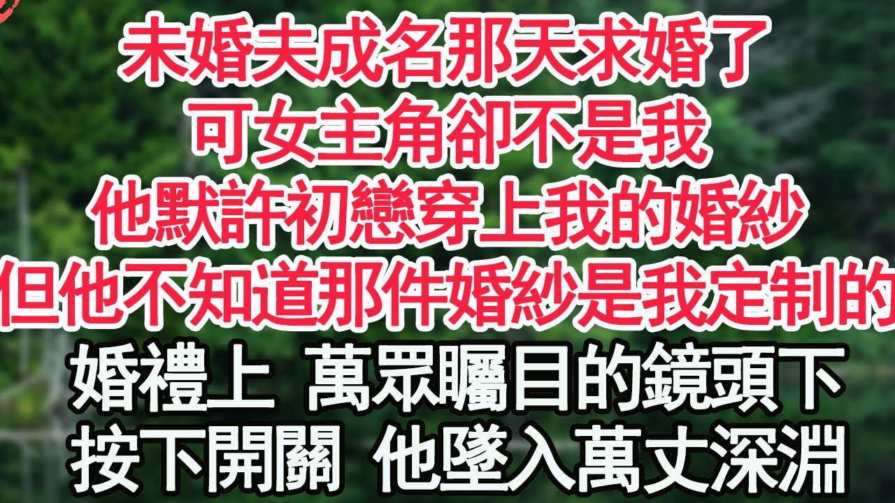 未婚夫成名那天求婚了，可女主角卻不是我，他默許初戀穿上我的婚紗，但他不知道那件婚紗是我定制的，婚禮上 萬眾矚目的鏡頭下，真相曝光 他墜入萬丈深淵【顧亞男】【高光女主】【爽文】【情感】