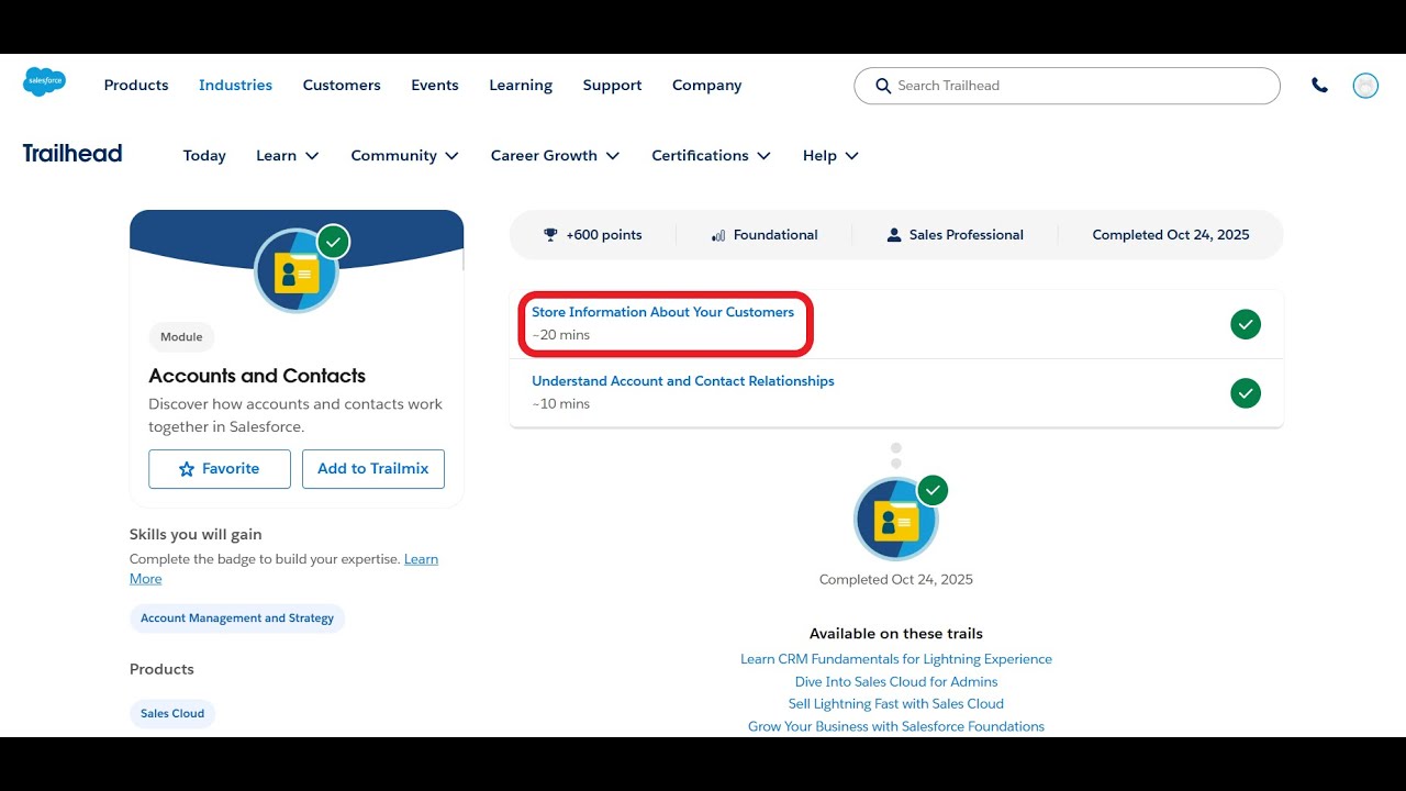 Информация о ваших клиентах | Учетные записи и контакты | Trailhead | Salesforce | Стажер