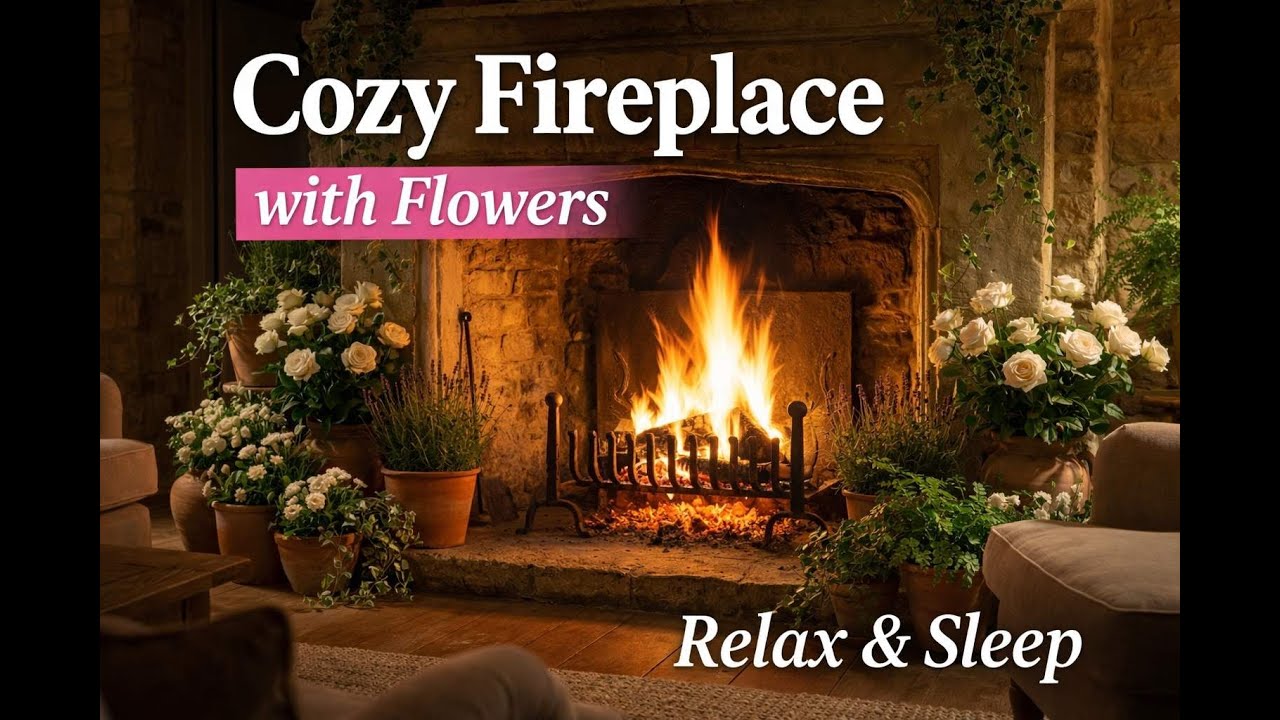 Cozy Fireplace with Flowers 🌸🔥 | Real Fire 4K for Sleep, Relax & Stress Relief 