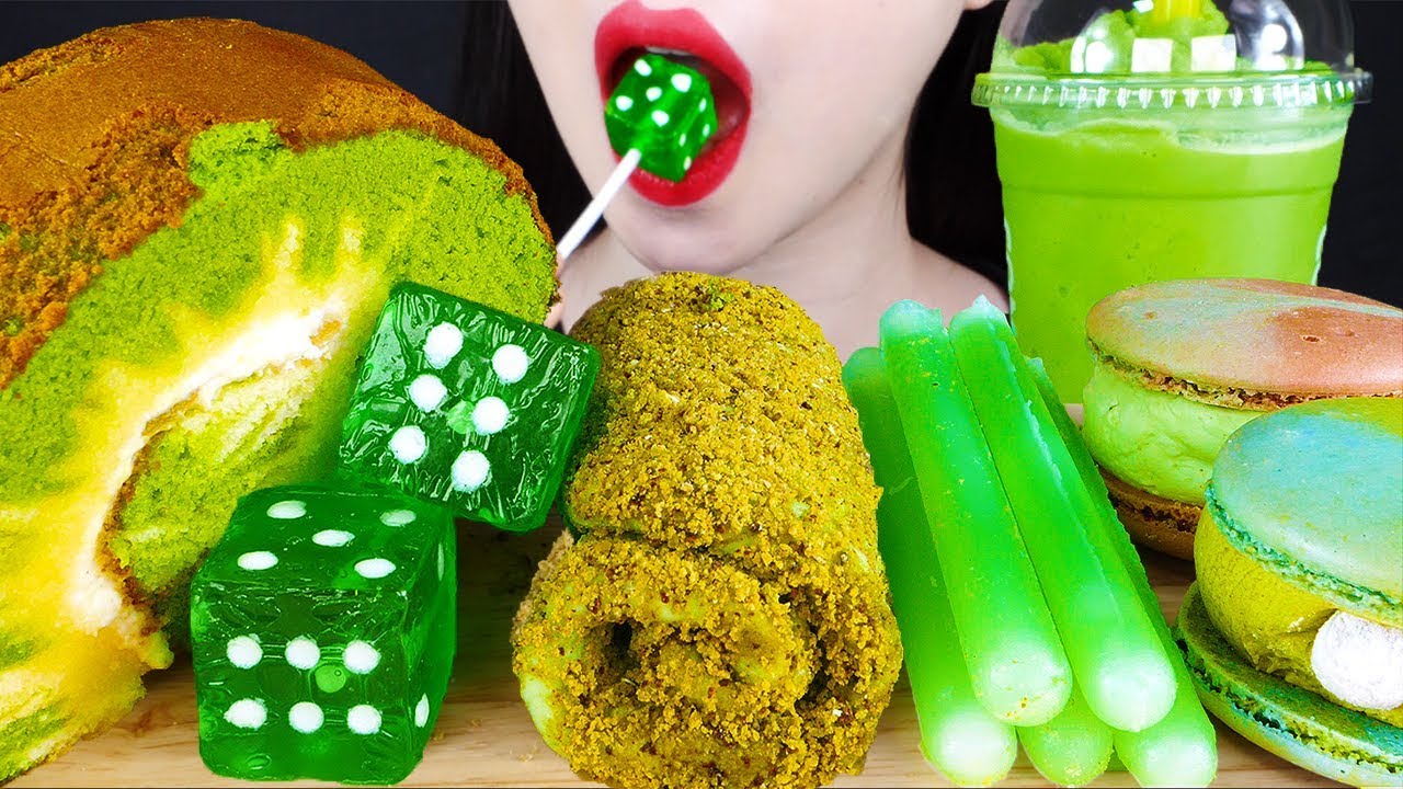 ASMR GREEN TEA CAKE & WAX STICKS & MACARON & EDIBLE TOWEL & DICE CANDY & NANA EATING SOUND