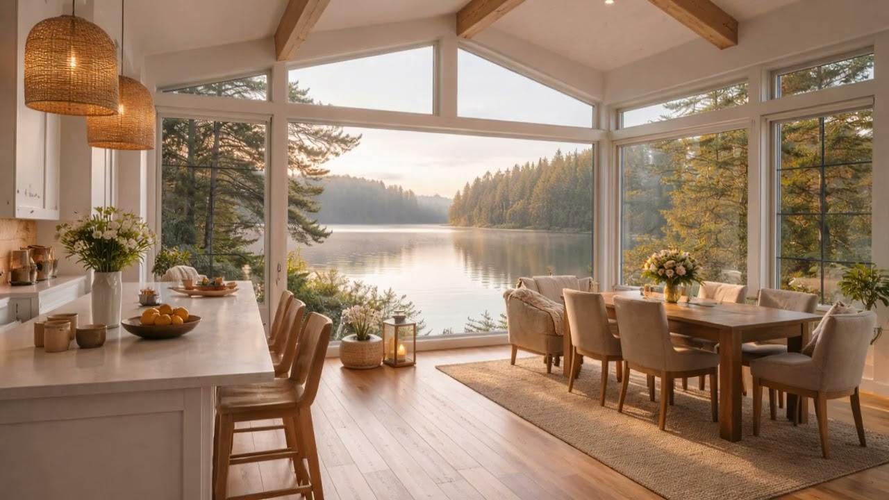 Lakeside Dining Room Ambience | Calm Water & Gentle Birds | 3 Hours Peaceful Lake House Atmosphere