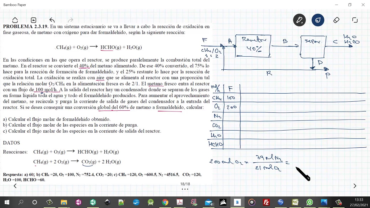 Balance de materia a un sistema reactor separador con reacción principal y secundaria.