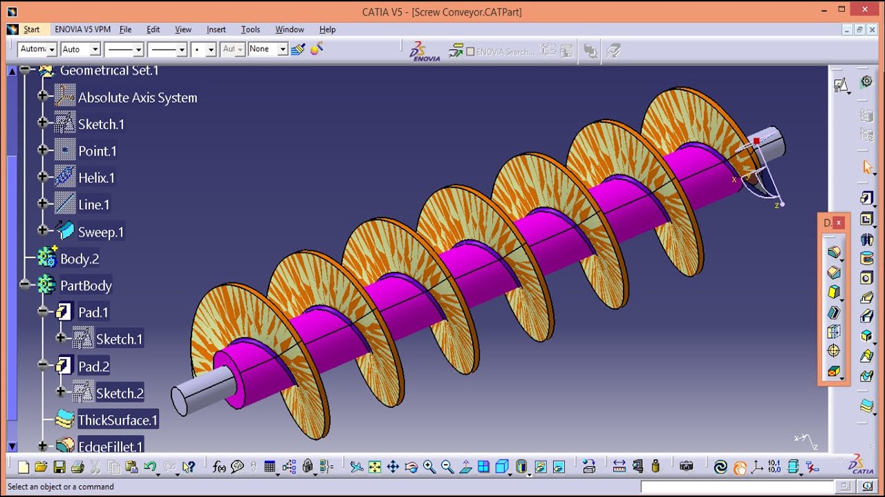 Design a Screw Conveyor using CATIA V5  Sketcher, Part Design, Generative shape Design.