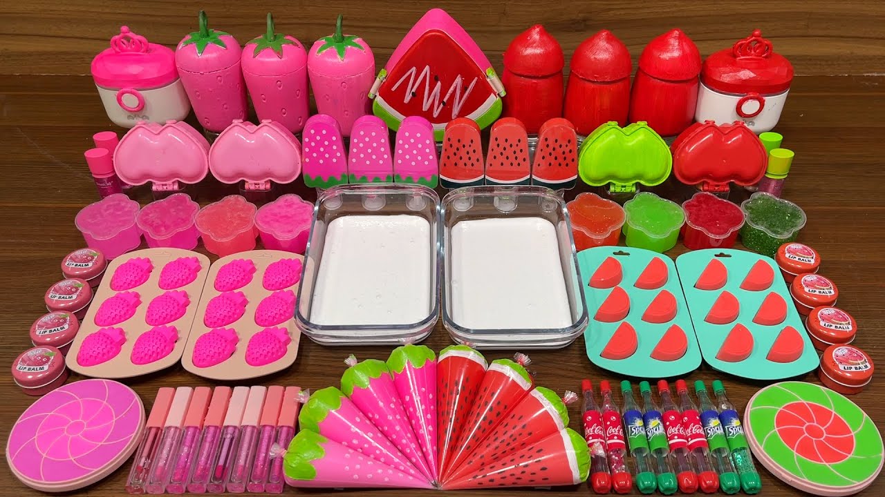PINK STRAWBERRY vs WATERMELON I Mixing random into Glossy Slime I  Satisfying Slime #623