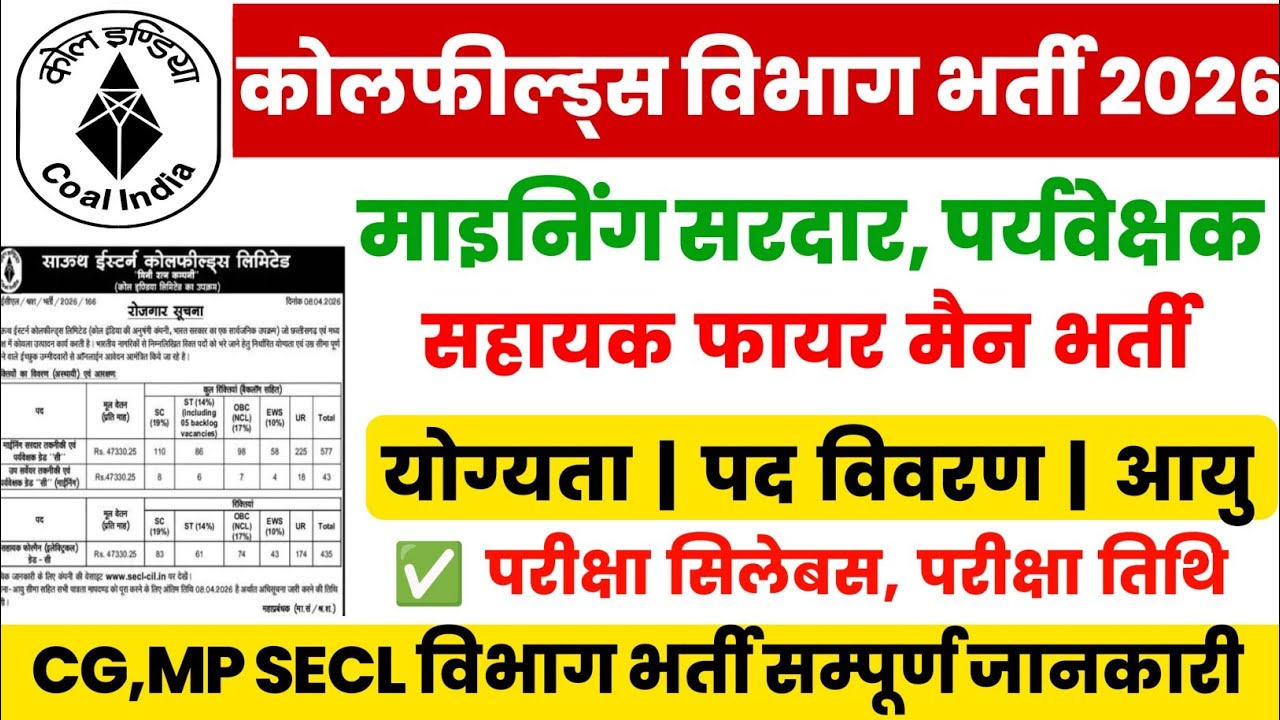 cg coal india new vacancy 2026 | mining sardar parivekshak sahayak fireman bharti 2026 | cg upcoming