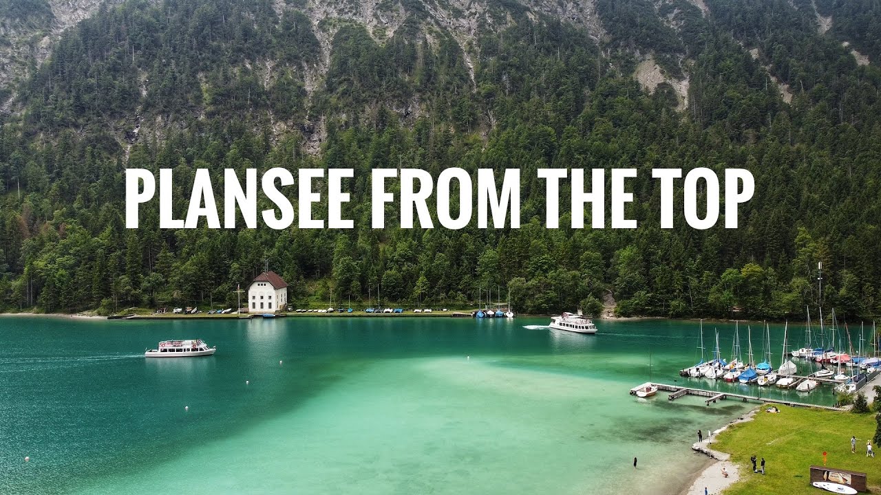 Plansee from the drone. Beaches, swimming places.