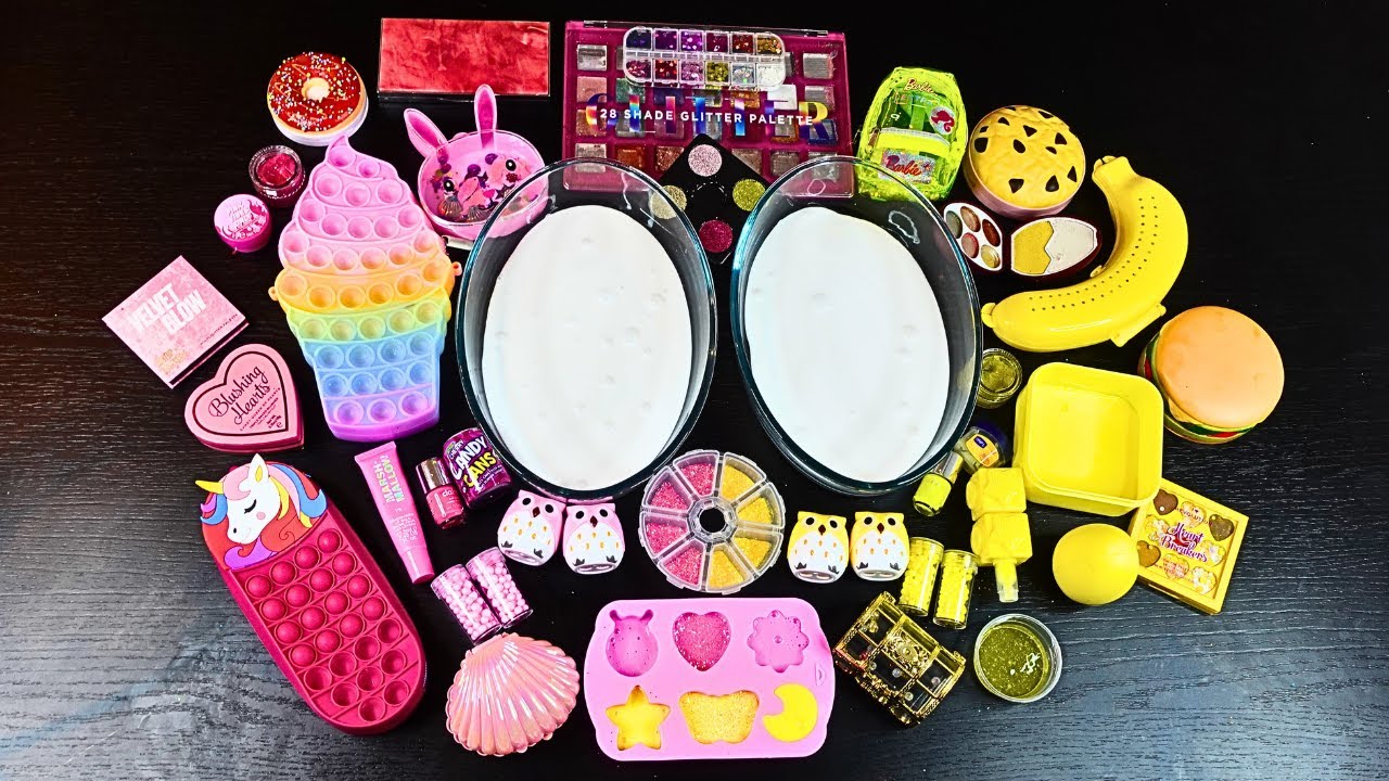 Pink Vs Yellow Slime Mixing Random Things Into Slime ASMR #satisfying #slime #slimeasmr #loomband